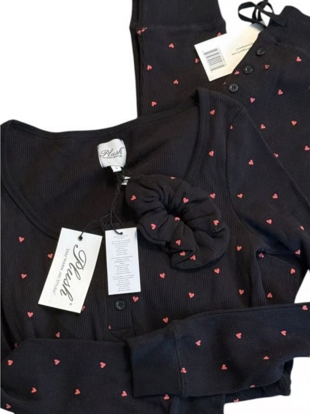 Plush Black thermal Pajama Set with Tiny Pink Heart Print